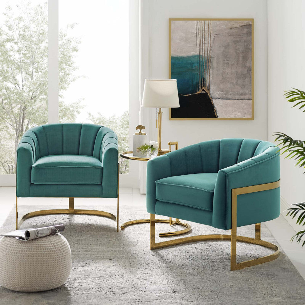 Armchair Accent Chair, Set of 2, Velvet, Metal, Teal Blue, Modern, Lounge