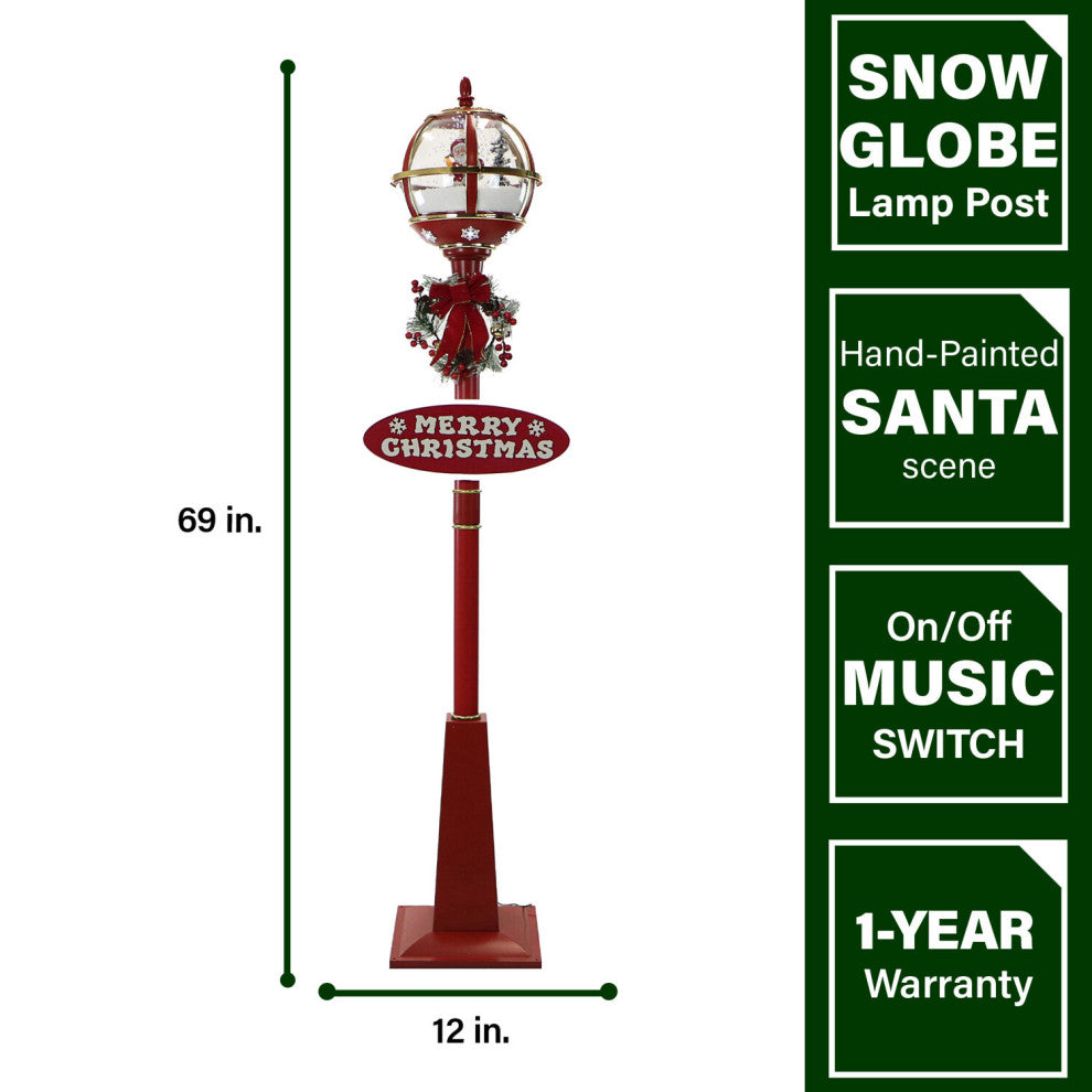 Let It Snow 69" Snow Globe Lamp Post, Red, Santa, 2 Signs, Snow, Holiday Carols