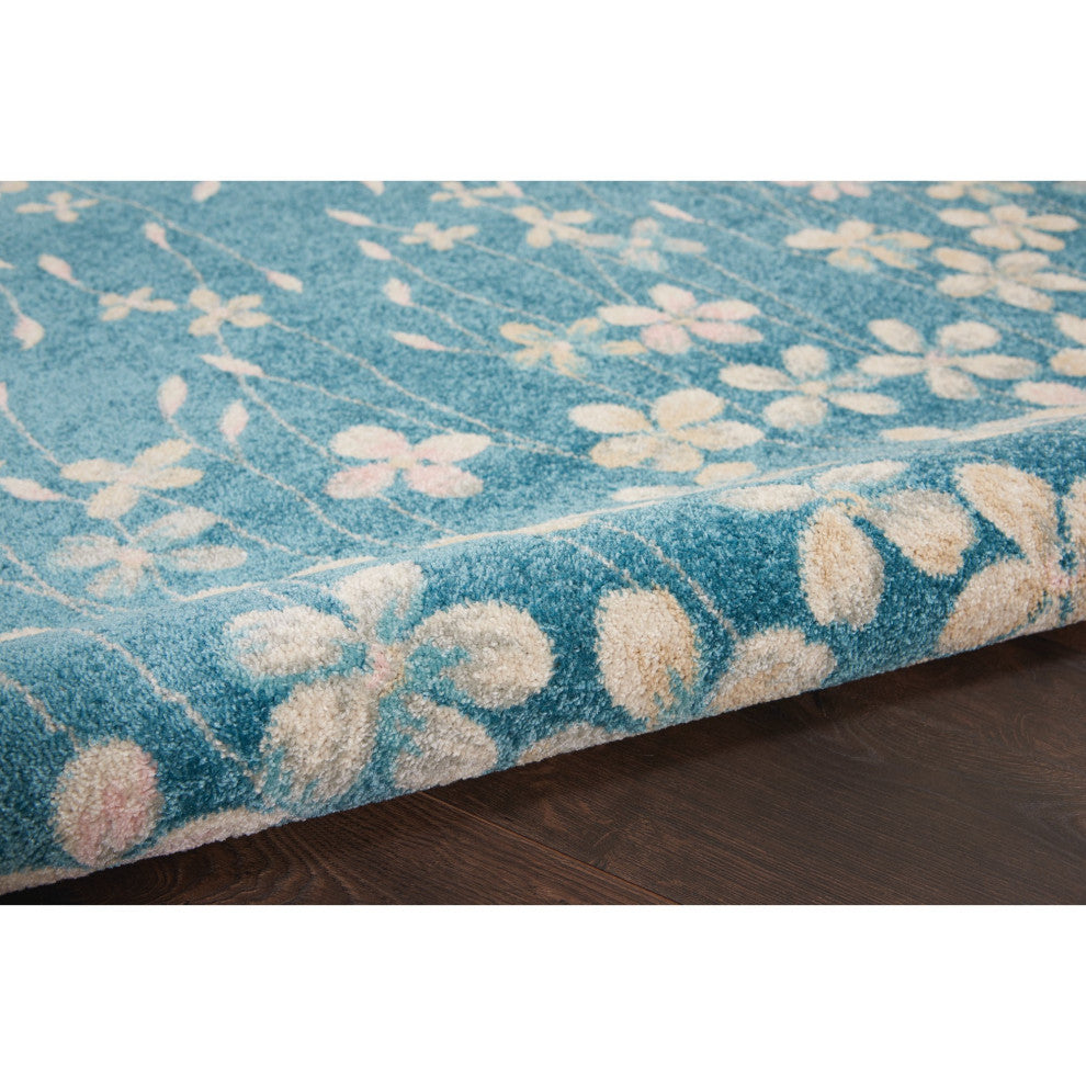 Bohemian Area Rug, Polypropylene With Floral Pattern, Turquoise, 8'10" X 11'10"
