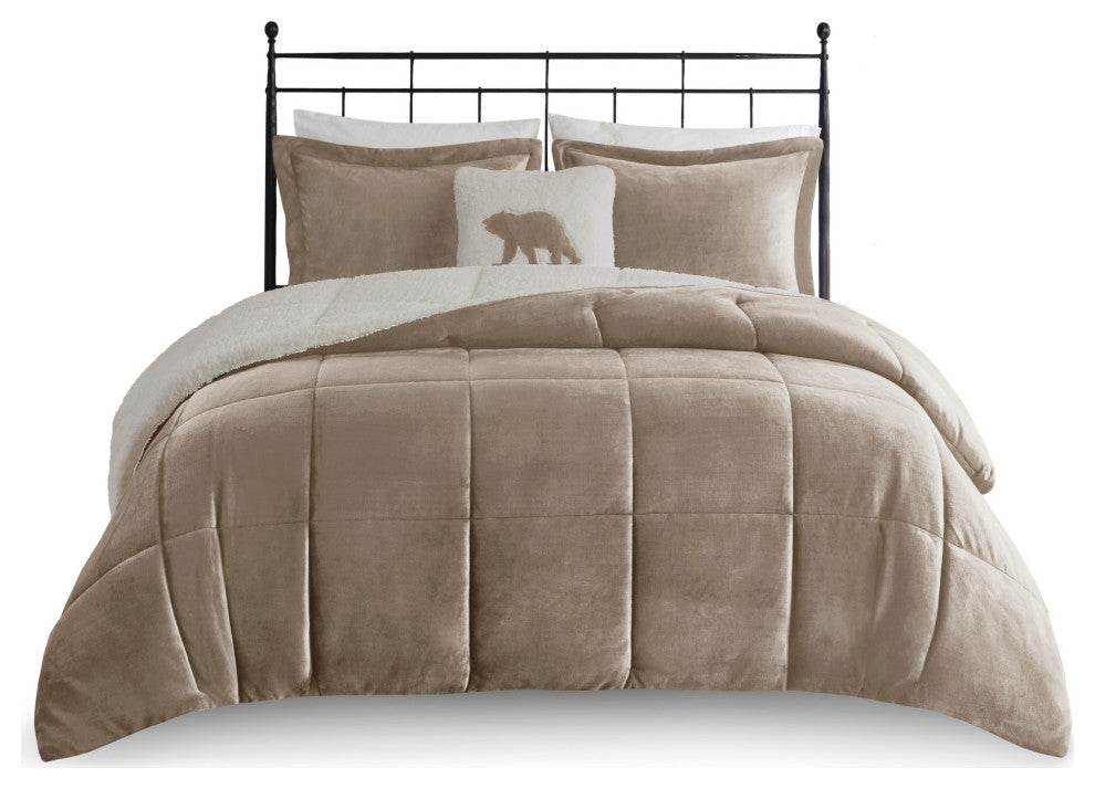 Woolrich Alton Plush to Sherpa Winter Comforter Set, Taupe, King