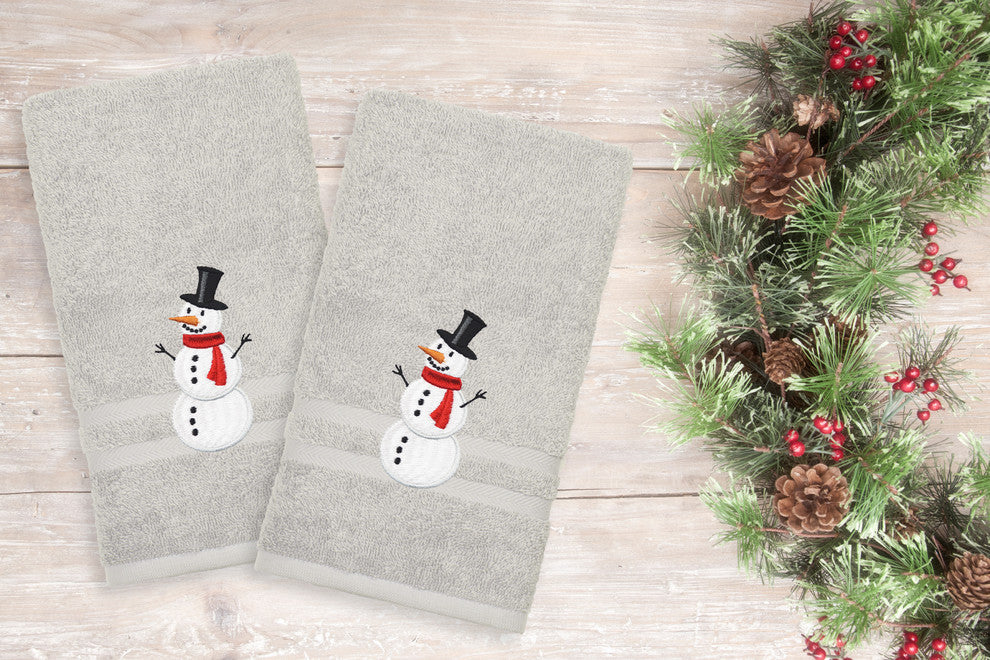 Embroidered Snowman Cotton Denzi Hand Towels, Set of 2, Gray