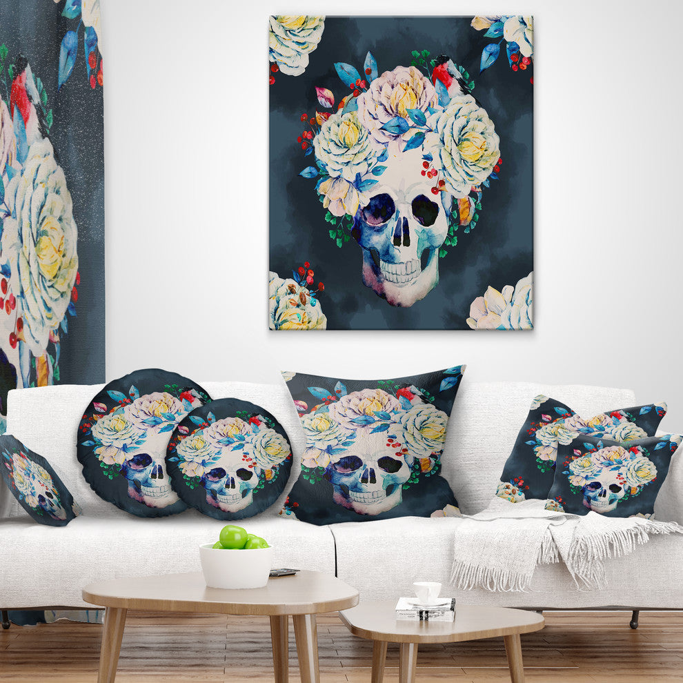 Watercolor Vector Skull Floral Throw Pillow, 18"x18"