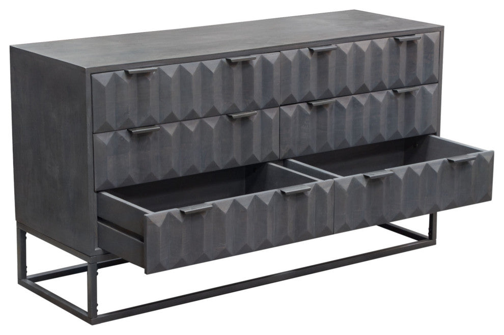 6-Drawer Solid Mango Wood Dresser in Smoke Grey Finish Gun Metal Finished Legs