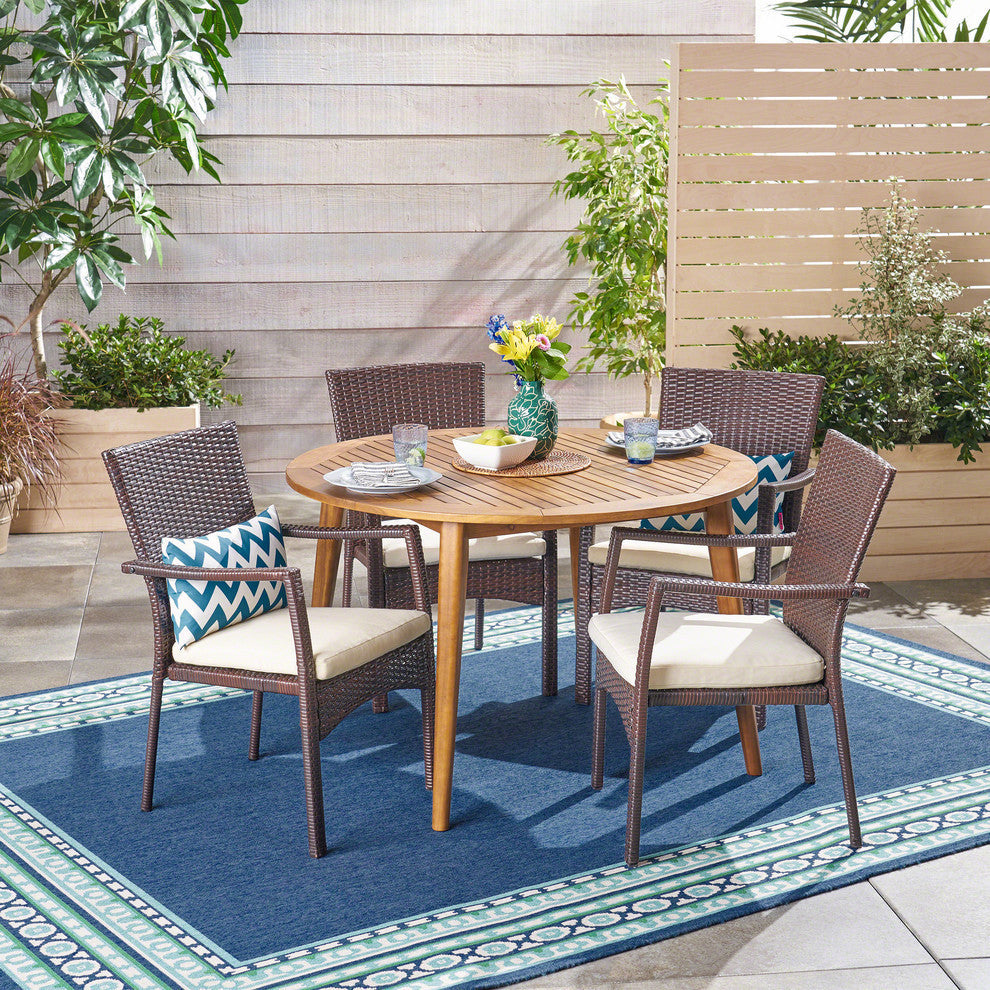 GDF Studio 5-Piece Hoff Outdoor Wood and Wicker Dining Set, Teak/Brown/Creme