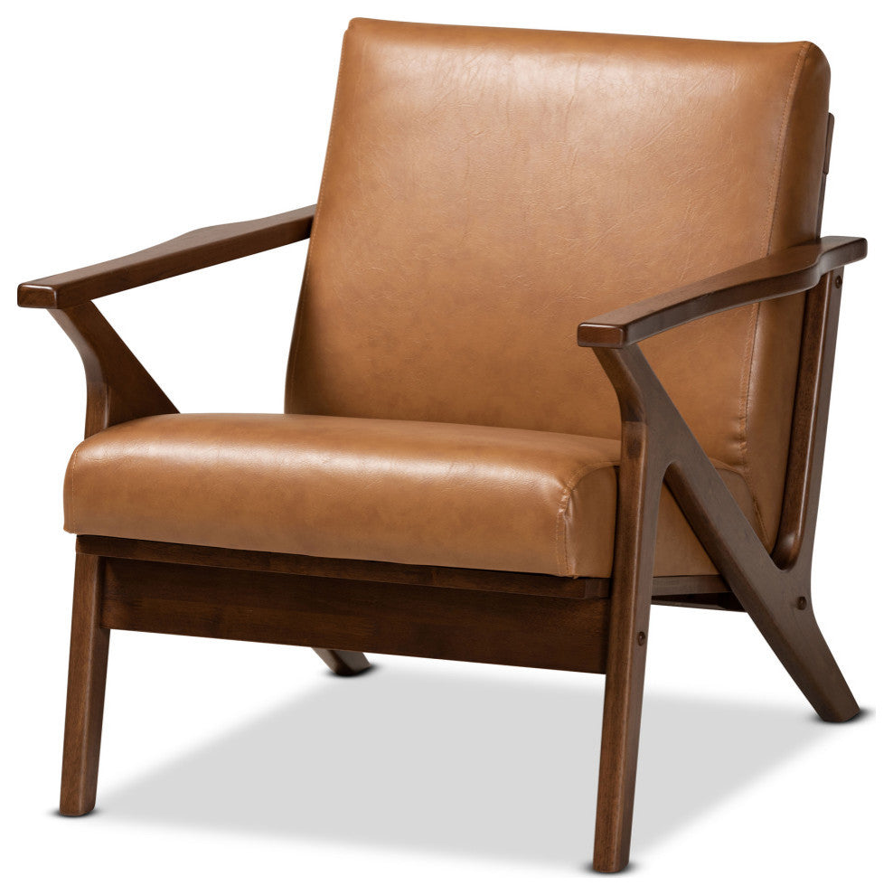 Bianca Mid-Century Modern Lounge Chair and Ottoman Set, Tan Faux Leather