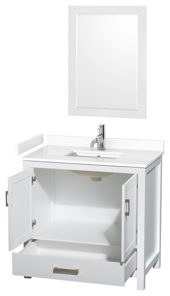 36"SGL Bathroom Vanity, White, White Cult. Marble Countertop, Sink, 24" Mirror