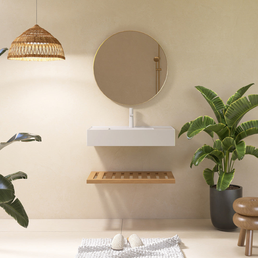 Wall-Mounted Bathroom Vanity With White Rectangular Acrylic Integrated Basin, 30"