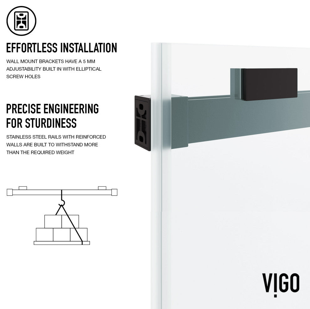 VIGO Houston Frameless Sliding, V-Motion, Matte Black, Tub Door, 56" to 60" W X 66" H, Clear Glass
