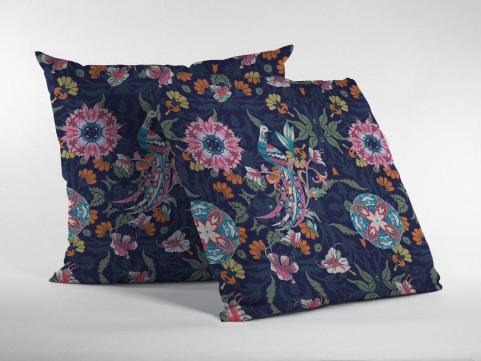20" Navy Pink Peacock Indoor Outdoor Throw Pillow