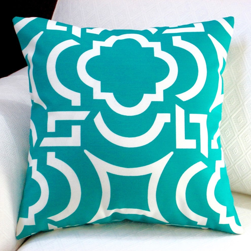 Outdoor Modern Geometric Throw Pillows, Set of 2, Teal, 18", Cover and Insert