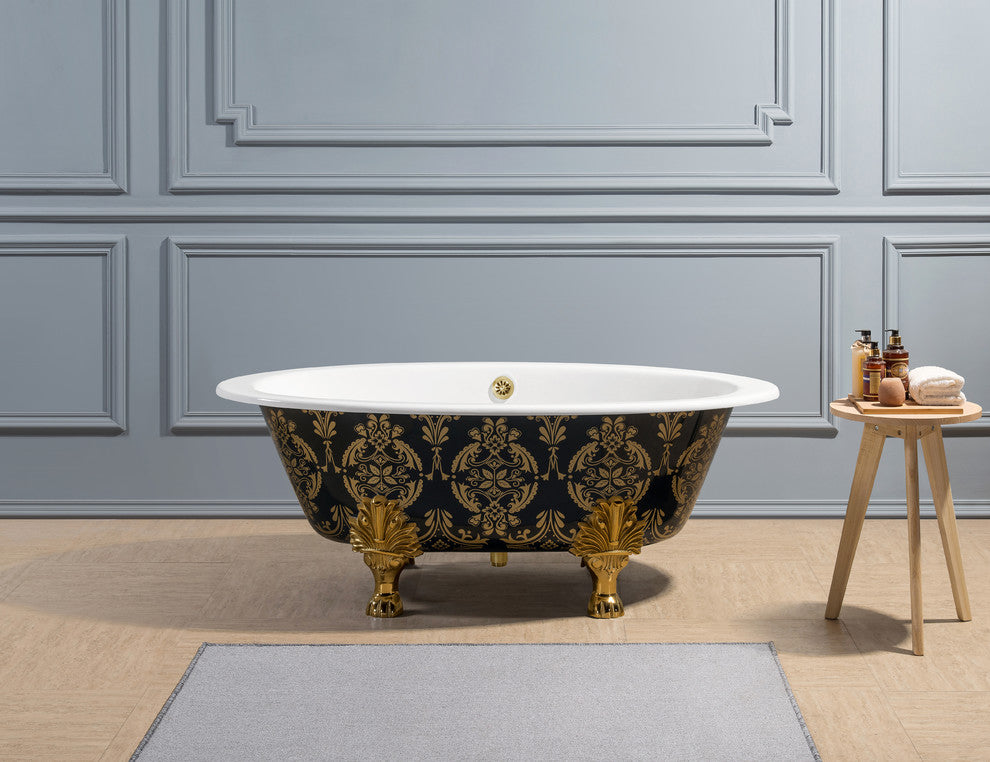 65" Cast Iron R5440CH-CH Soaking Clawfoot Tub and Tray With External Drain, Gold