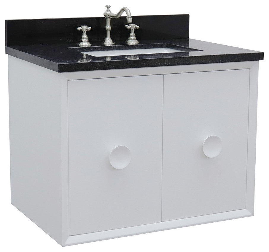 31" Single Wall Mount Vanity, White Finish With Black Galaxy Top