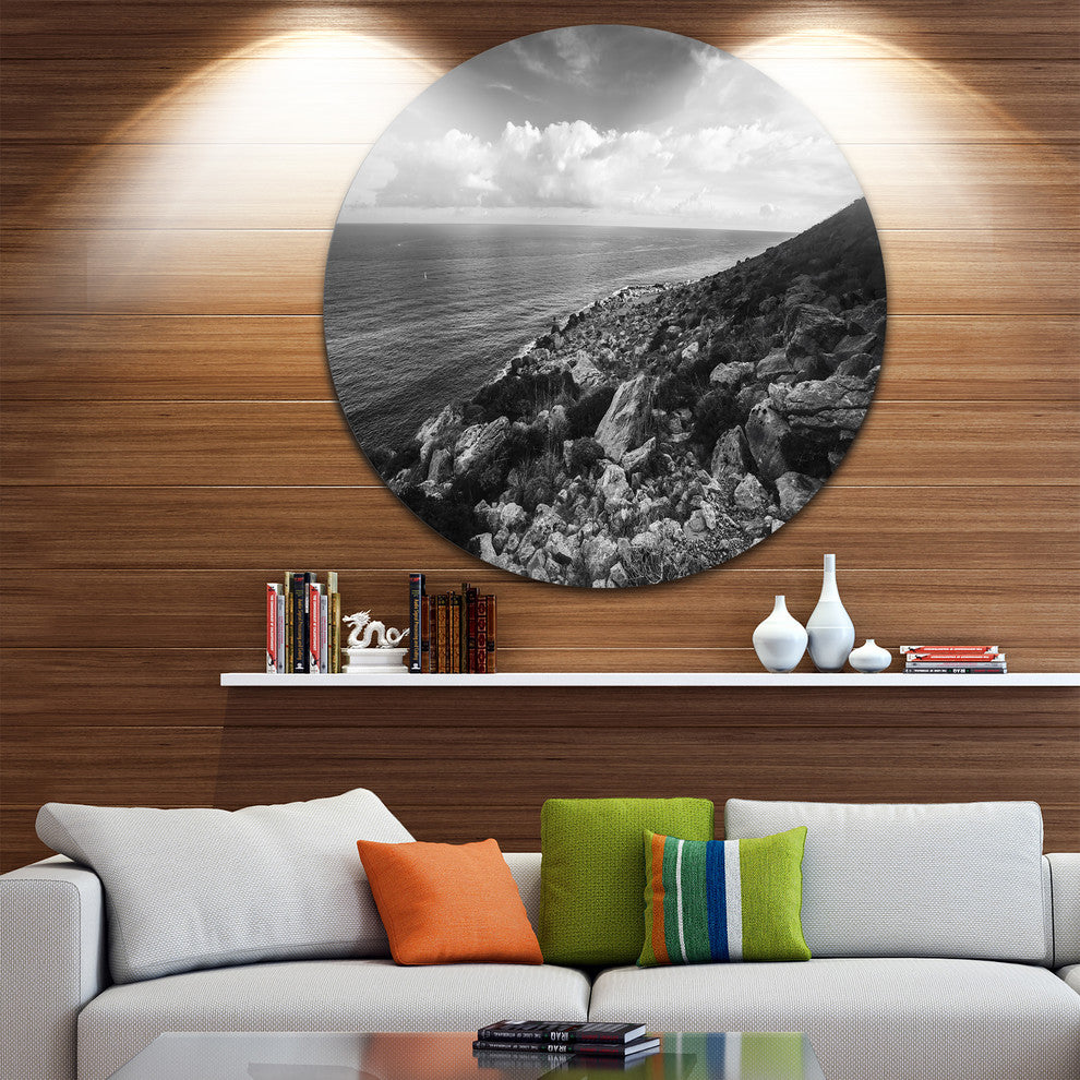Sunrise Over Sicily Black And White, Beach Disc Metal Wall Art, 36"