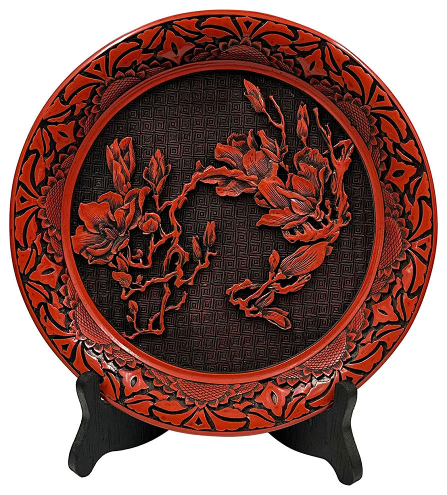Mid-20th Century Chinese Hand Carved Cinnabar Lacquer Plate
