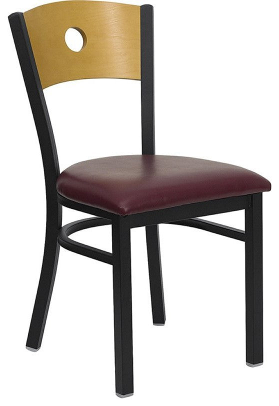 Black Circle Back Metal Dining Chair, Natural Wood Back/Burgundy Vinyl Seat/Blac