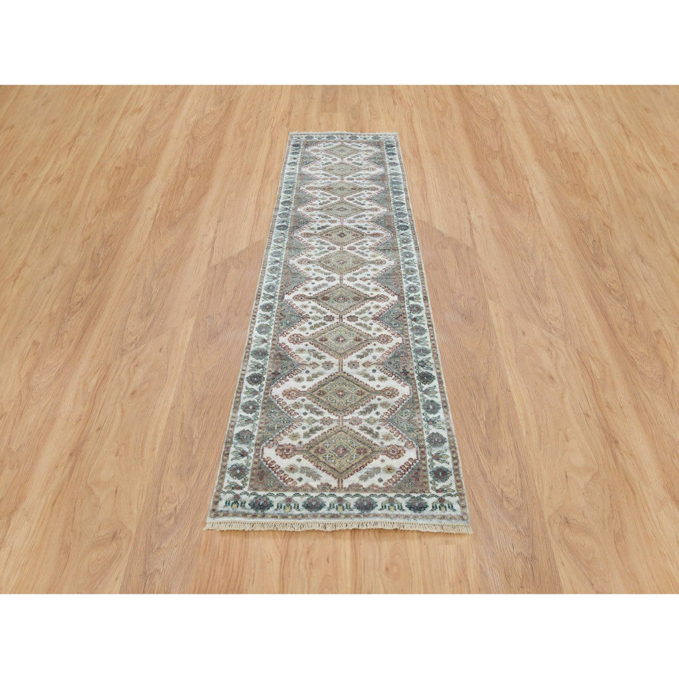 Ivory Wool Shiraz Rosettes Border Runner Hand Knotted Oriental Rug, 2'7"x9'9"