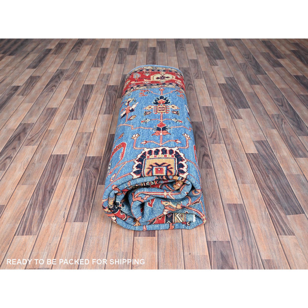 Blue, Extra Soft Wool, Afghan Peshawar, Hand Knotted, Oriental Rug, 9'x11'6"
