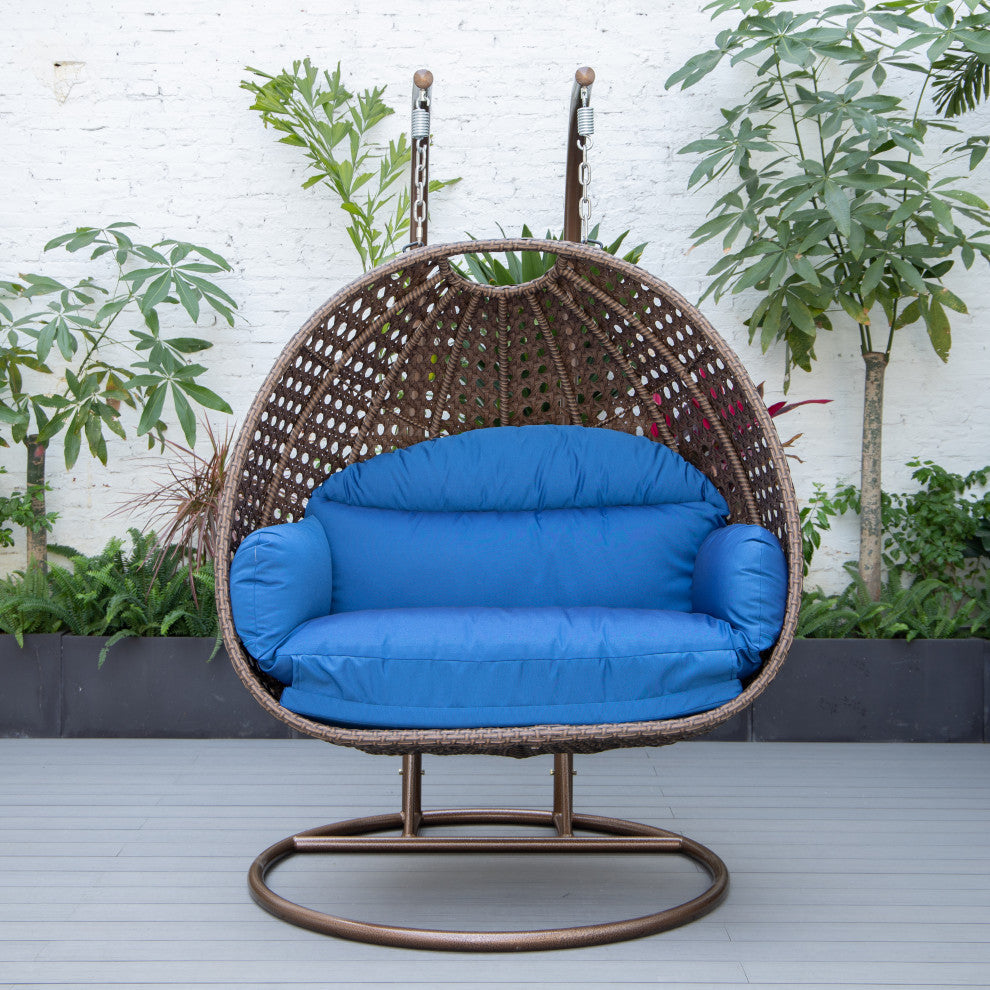 LeisureMod Mendoza Dark Brown Wicker Hanging Double Egg Swing Chair, Blue