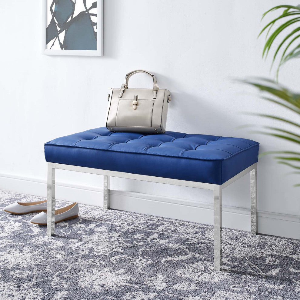 Modern Accent Chair Bench, Faux Vinyl Leather Metal Steel, Navy Blue Silver