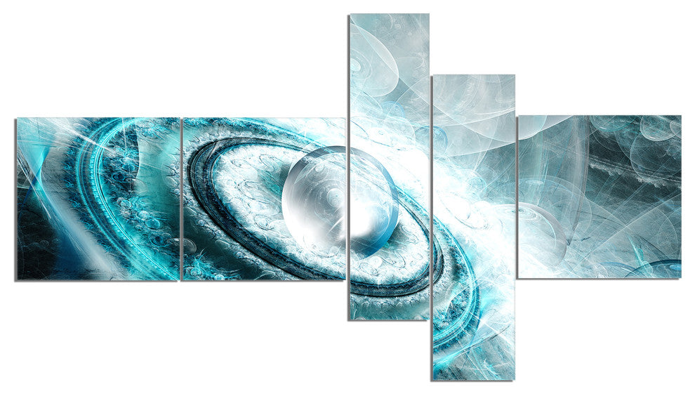 Blue Fractal Flying Saucer, Floral Canvas Art Print, 60"x32", 5 panels