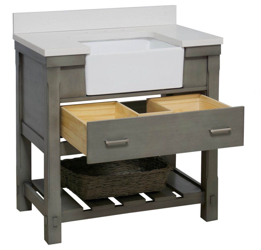 Charlotte 36" Bathroom Vanity, Weathered Gray, Quartz Top