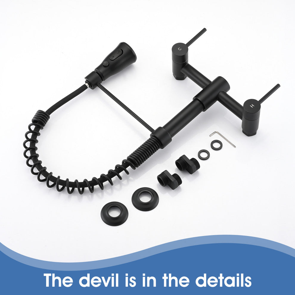 Double Handle Wall Mounted Spring Neck Bridge Kitchen Faucet, Matte Black