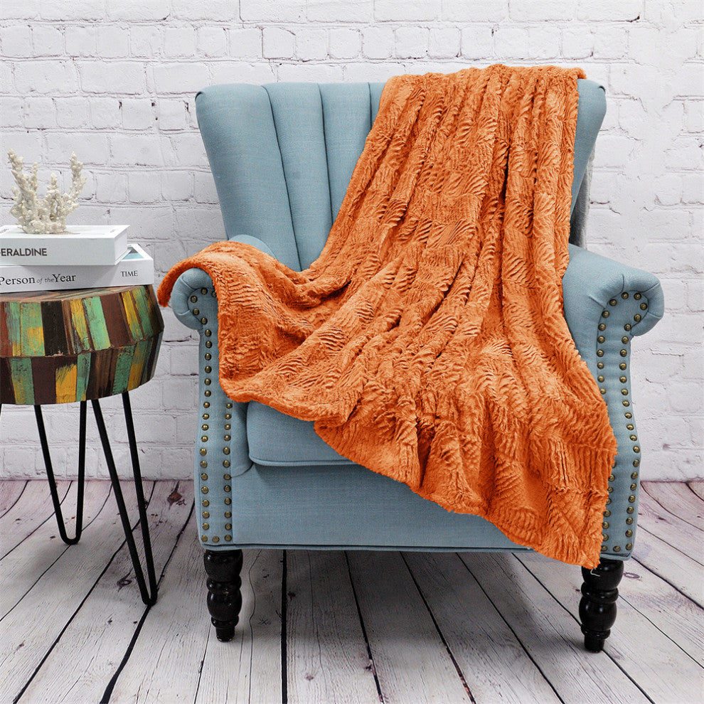Herringbone Jumbo Over-Size Faux Fur Throw Blanket, Burnt Orange, 60"x80"