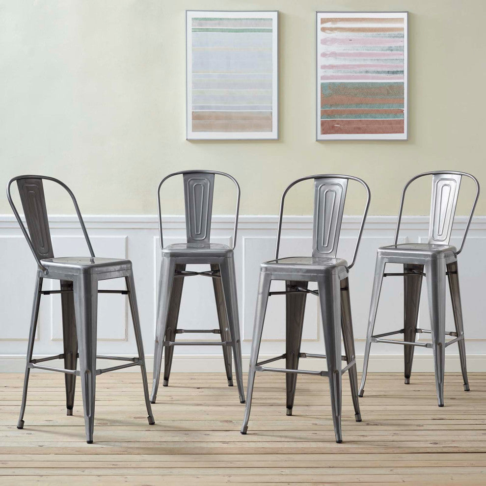 Bar Stool Chair Barstool, Set of 4, Metal, Gunmetal Silver, Modern, Bar Pub