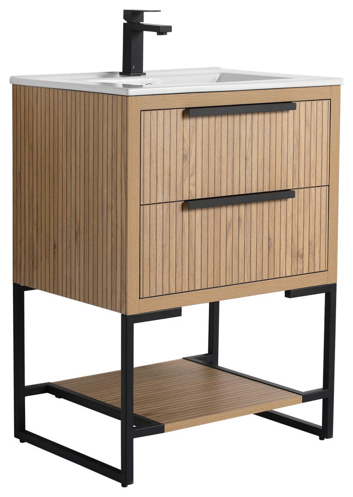 Kingsford Grooved-Look Bath Vanity, Bright Oak, White Ceramic Sink, 24", Drawers