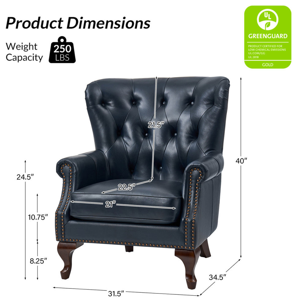 Genuine Leather Armchair With Removable Cushion, Navy