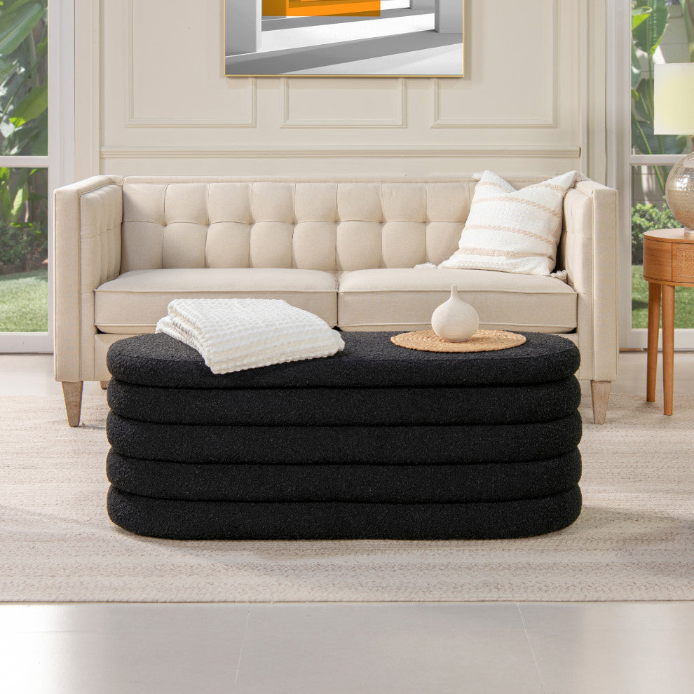 Fuji 49" Upholstered Oval Storage Bench, Ebony Black