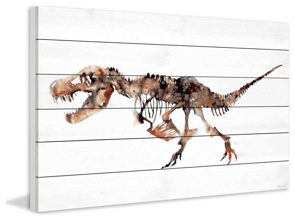 "Big T-Rex Skeleton" Painting Print on White Wood, 18x12