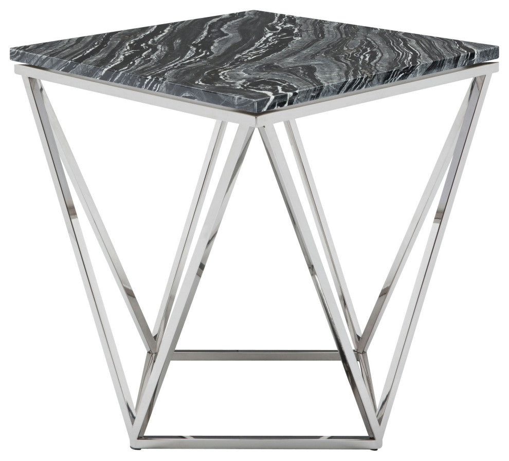 Jasmine Side Table in Black Wood Vein Marble and Polished Stainless Steel Base