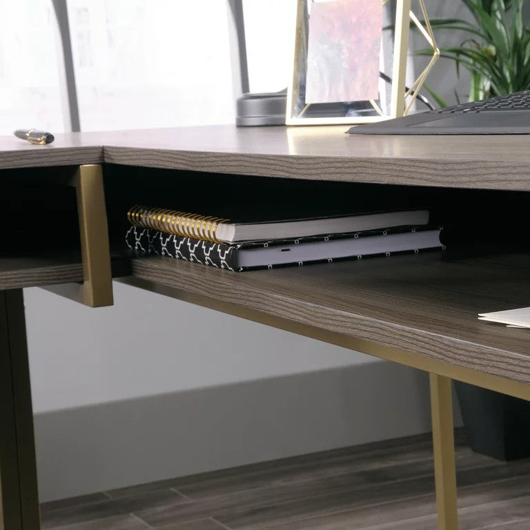 Contemporary Desk, L-Shaped Design With Golden Metal Frame, Diamond Ash Finish