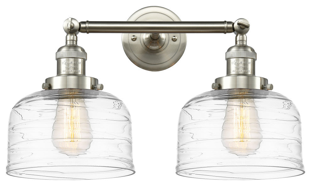 Large Bell 2 Light Bath Vanity Light, Brushed Satin Nickel, Clear Deco Swirl
