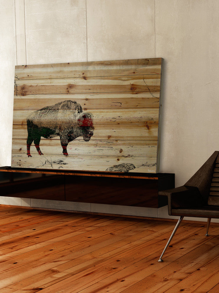 "Lost Buffalo" Painting Print on Natural Pine Wood, 45"x30"