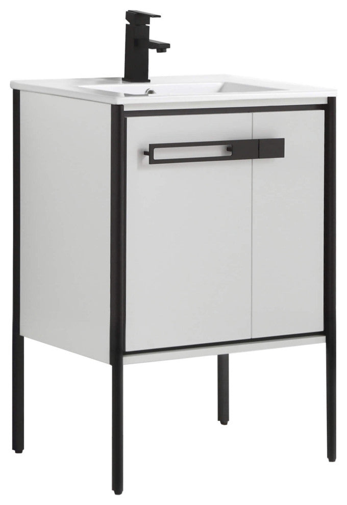 Oakville Bath Vanity, Ceramic Sink, White Matte, 24 Inch, Black Hardware