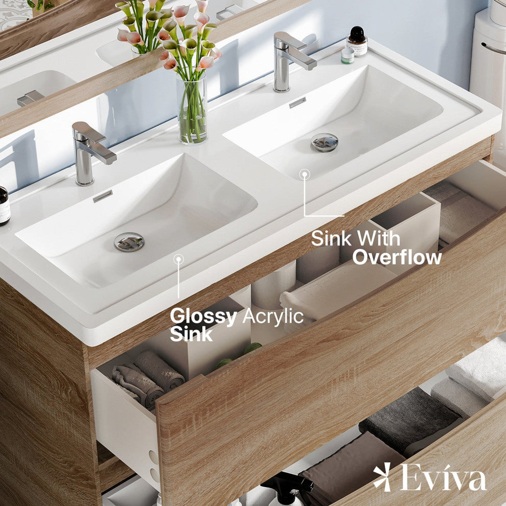 Eviva Smiley 48" White Oak Double Sink Bathroom Vanity, White Integrated Top