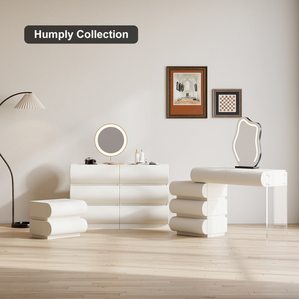 Modern Vanity Set PU Leather Dressing Table With Stool/LED Mirror, Off-White