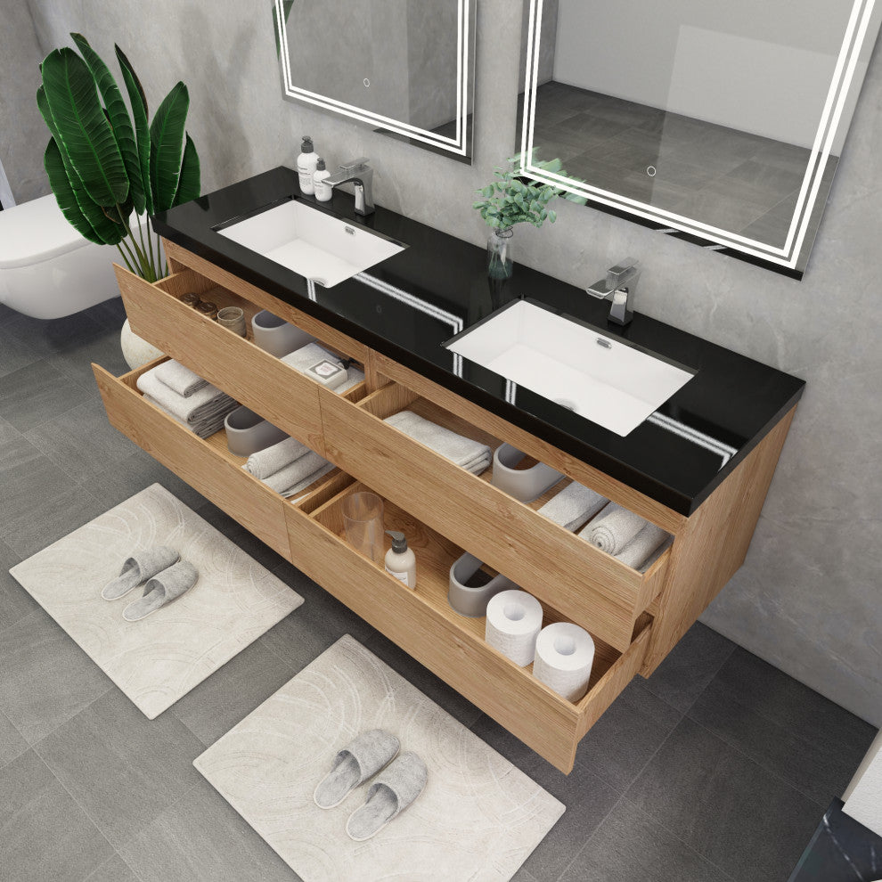Belli 72" Double Sink Wall Mount Vanity Set, New England Oak, Matt Black Top