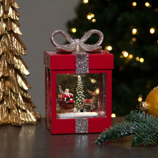 7" Lighted Red Gift Box Christmas Snow Globe With Santa and Reindeer