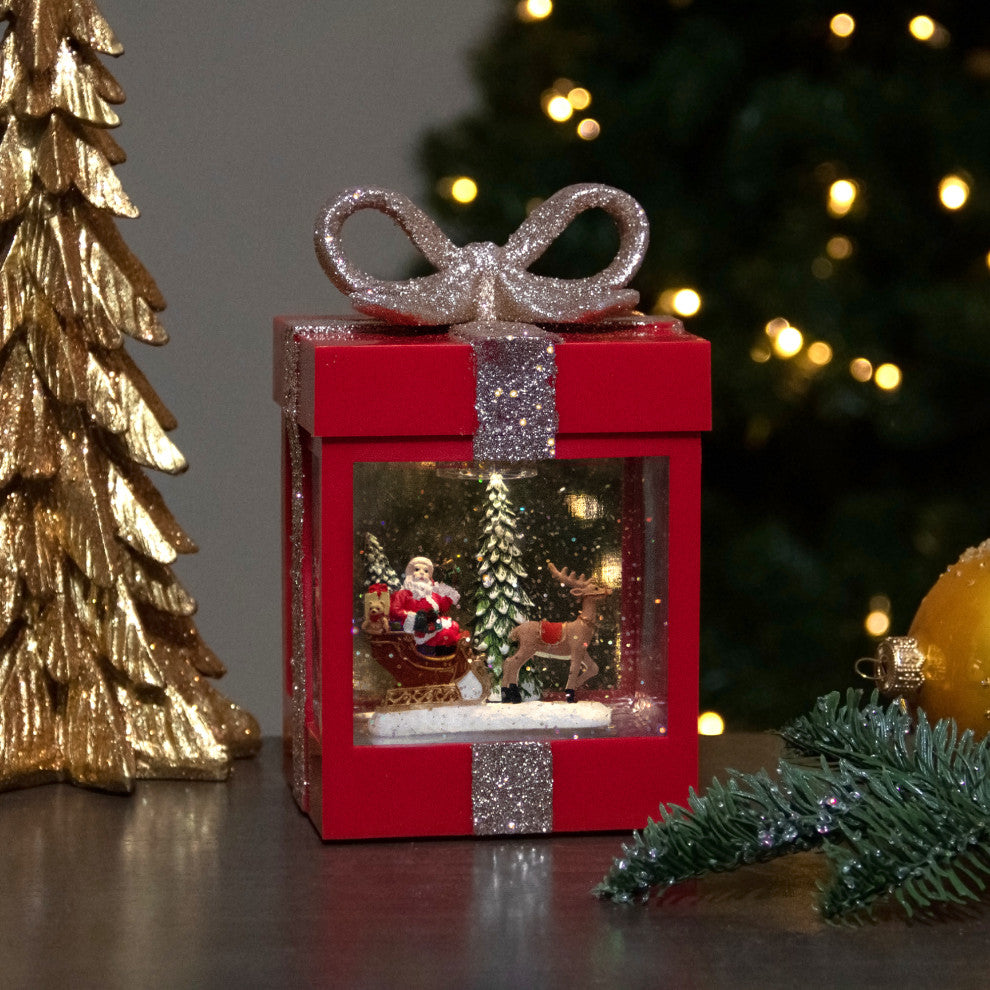 7" Lighted Red Gift Box Christmas Snow Globe With Santa and Reindeer