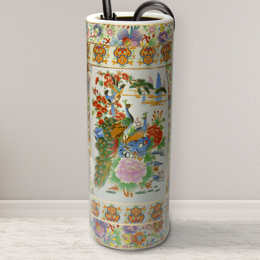 24" Satsuma Birds and Flowers Porcelain Umbrella Stand