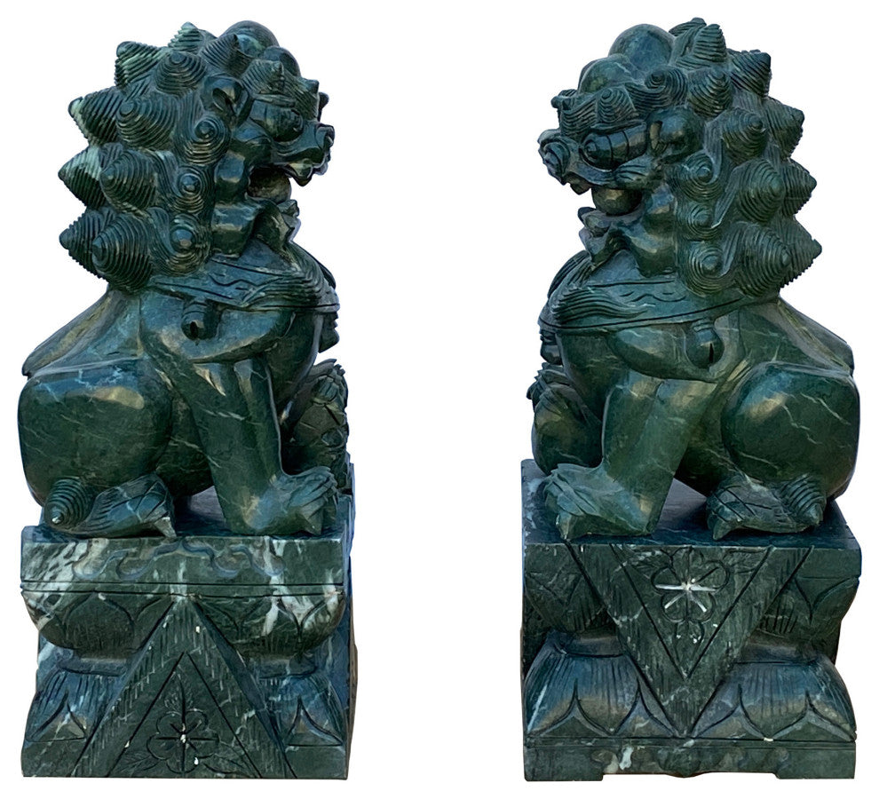 Pair Chinese Green Stone Fengshui Fortune Foo Dog Lion Display Figures Hws1642