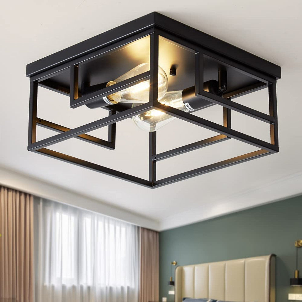 Industrial Farmhouse Ceiling Light, Rust, Black, Square