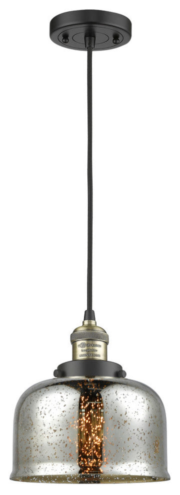 1-Light Large Bell 8" Pendant, Black Antique Brass, Glass: Silver Mercury