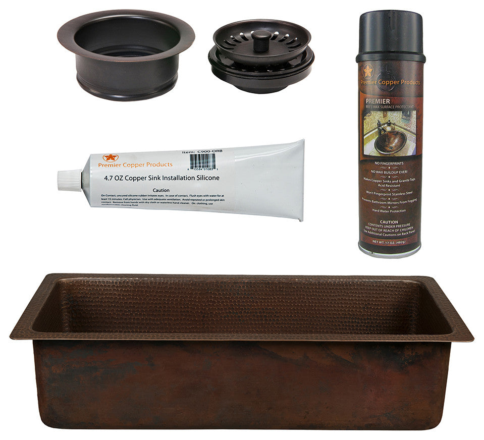 20" Rectangle Hammered Copper Kitchen/Bar/Prep Single Basin Sink, Nickel