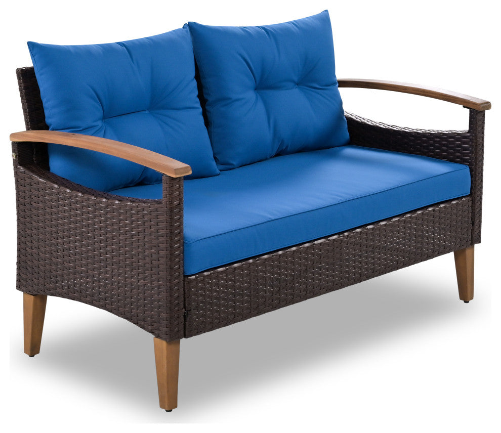 4-Piece Outdoor Wicker Patio Sofa Set with Wood Table and Removable Cushions, Blue