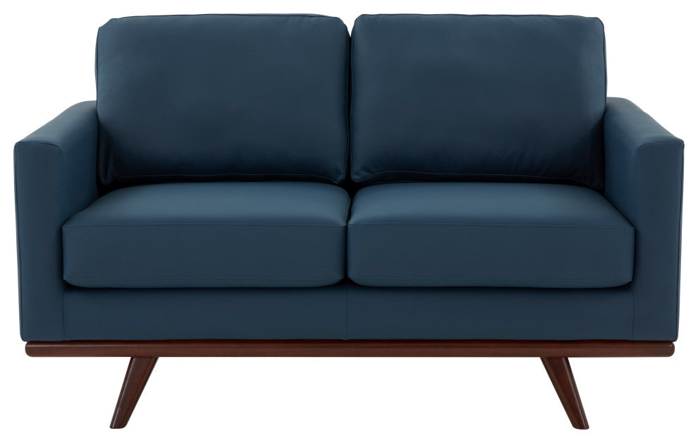 LeisureMod Chester Modern Leather Loveseat With Birch Wood Base, Navy Blue