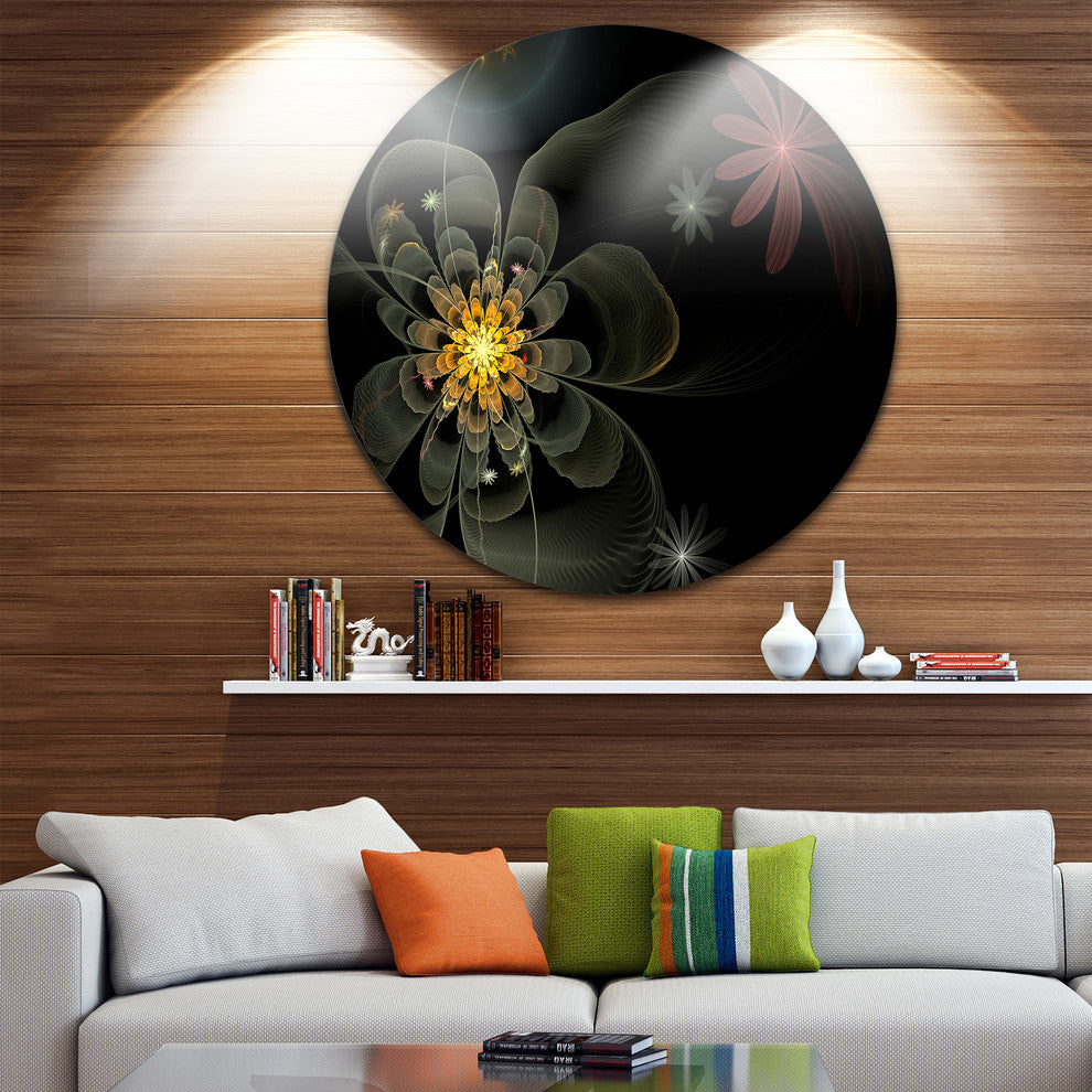 Yellow Small Fractal Flower In Black, Floral Disc Metal Wall Art, 11"